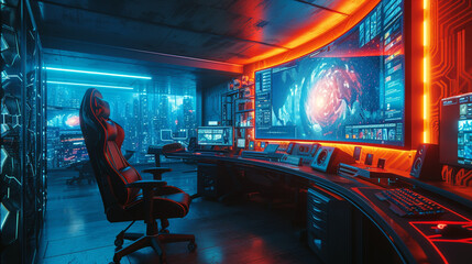 A futuristic gamer room with a large, curved ultrawide monitor and a high-tech, ergonomic gaming chair 