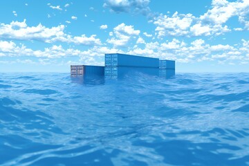 A container in the sea with clouds in the background