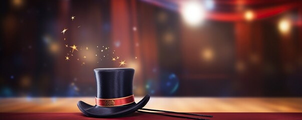 Fototapeta na wymiar Magic hat and magic wand on red performance stage