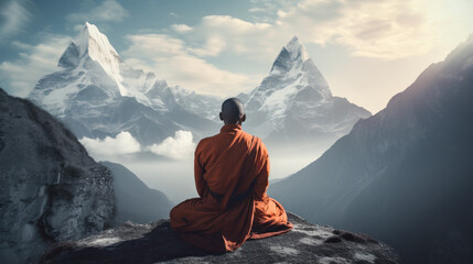 Awe-Inspiring View of a Spiritual Leader in Meditation: A Himalayan Precipice - obrazy, fototapety, plakaty