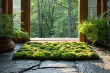 Moss rug on stone floor in front of a window with forest view.