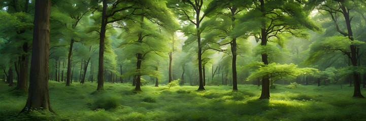 Dense trees, a vibrant green forest, creating a sense of tranquility and vitality. 3:1 landscape...