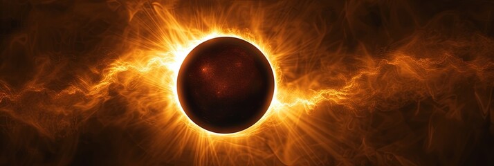 solar eclipse image with the moon blocking the sun and the sky filled with orange light