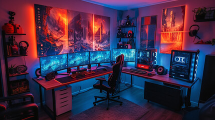 A gaming sanctuary with a large, L-shaped desk, multiple monitors, and a backdrop of gaming memorabilia 