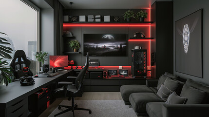 A minimalist gamer room with a focus on clean lines, a monochrome color palette, and hidden storage for gaming gear 