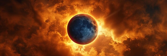 solar eclipse image with the moon blocking the sun and the sky filled with orange light - obrazy, fototapety, plakaty