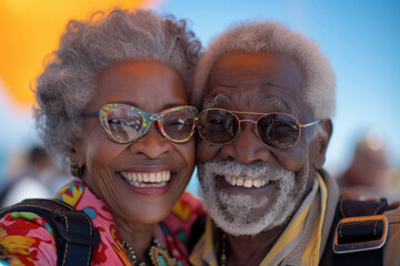 Senior couple in goggles enjoying parasailing over the ocean.
