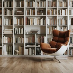 Modern library interior with bookshelves and armchair.