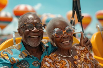 Obraz premium Senior couple in goggles enjoying parasailing over the ocean.