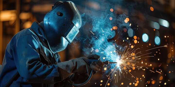 Welder wearing mask and using blowtorch