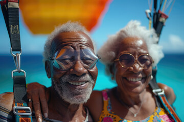 Senior couple in goggles enjoying parasailing over the ocean.