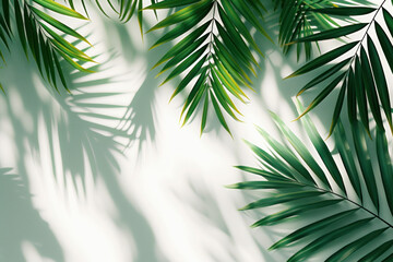 Green tropical palm tree leaves on white background, Top view Minimal fashion summer concept. Flat lay, copy space