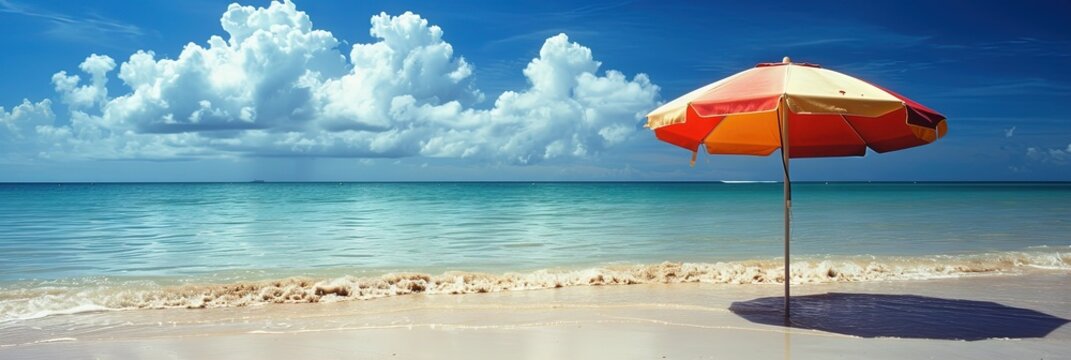 Colorful umbrella on empty sandy beach with the ocean and cloudy blue skies