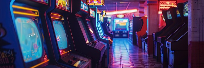 Interior of an arcade with video game machines lining both sides of the row - obrazy, fototapety, plakaty