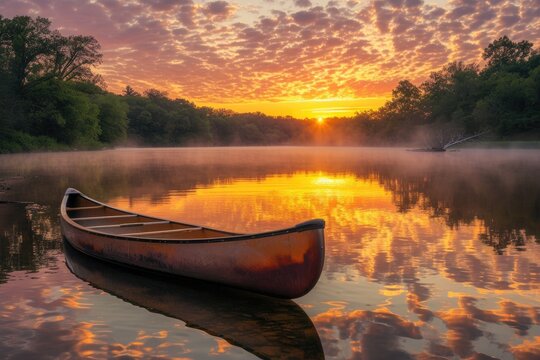 Foggy sunrise over a lake with a rowboat in the foreground