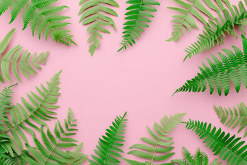 Fototapeta na wymiar Top view fern leaves frame on pink background, Minimal fashion summer holiday concept. Flat lay