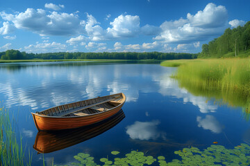 Obraz premium boat on the serene lake in the summer sky 3