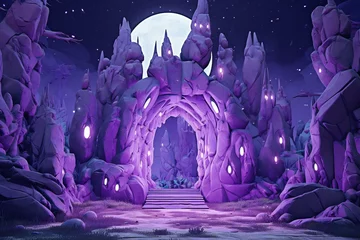 Gordijnen Fantasy landscape with purple cave entrance and full moon © Dream