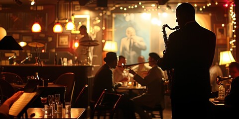Photograph of band of jazz musicians playing on stage in jazz club - obrazy, fototapety, plakaty