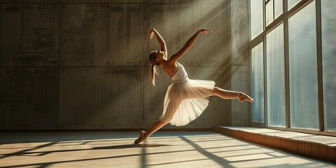 Ballerina performing ballet in the ballet studio with elegant moves and an action shot