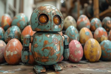 Small robot surrounded by colorful eggs on a workshop table.