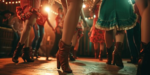 Country line dancers zoomed in on boots and legs - obrazy, fototapety, plakaty