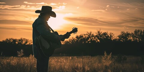 Country music singer playing the guitar in an idyllic country setting