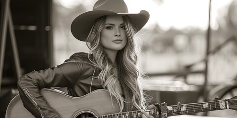 Young female country music singer playing the guitar in an idyllic country setting