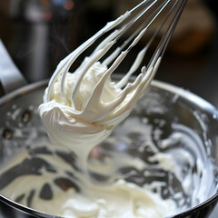 whisk with cream and bowl with white cream close-up on a dark background
