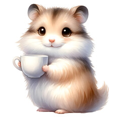 cute watercolor animal is standing and holding a white cup of coffee clipart of hamster