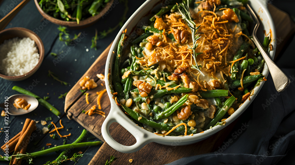 Poster green bean casserole close-up top view, on a dark background with space for text