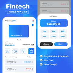 Useful design kit for fintech mobile app UI UX in theme of white and blue

