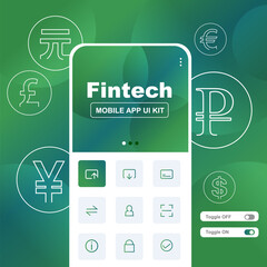 Useful design kit for fintech mobile app UI UX in theme of white and green
