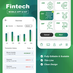 Useful design kit for fintech mobile app UI UX in theme of white and green
