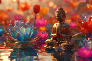 3d gold buddha in front of a colorful crystal lotus, nature background