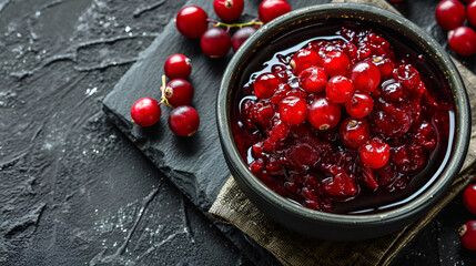 cranberry sauce top view closeup on black background with Copy space