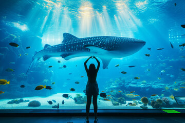 A woman forms a heart shape with her hands while admiring a majestic whale shark swimming alongside a variety of fish in a large, sunlit aquarium tank