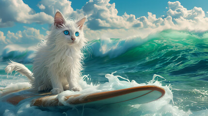 a white cat with blue eyes surfs on a board in the ocean against a background of beautiful white clouds with space for text