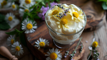 dessert cream with daisies close-up top view