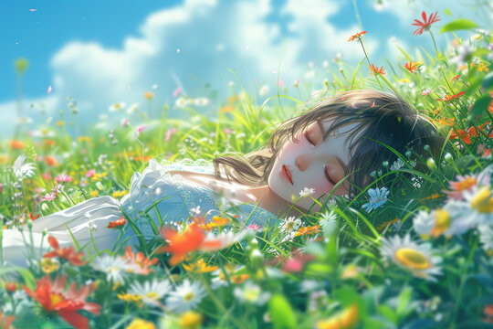 a beautiful girl lying on flower meadow