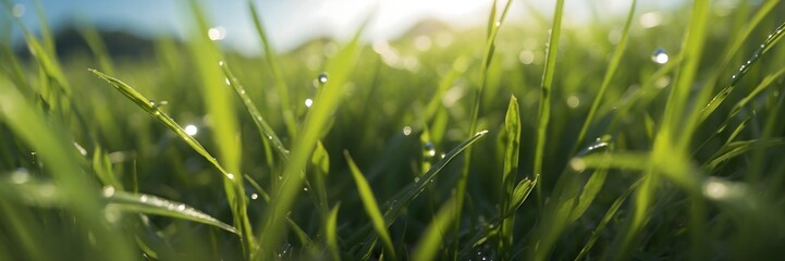 Fototapeta premium Close-up of fresh thick grass with water drops in the early morning dew