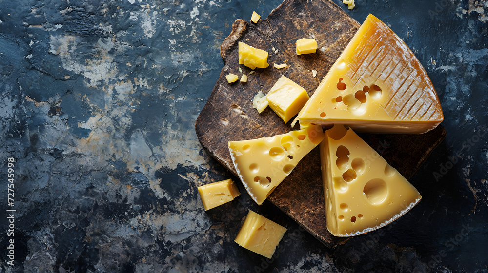 Poster Emmentaler cheese with copy space close-up, on a wooden board on a dark background with space for text