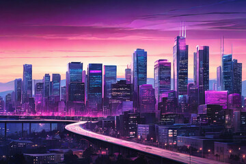 City lights aglow. Twilight urban cityscape with illuminated buildings, set against a stunning gradient sky from indigo to magenta. A mesmerizing skyline moment. 