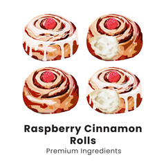 Hand drawn vector illustration of raspberry cinnamon rolls with sugar icing