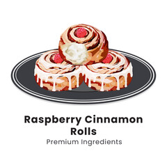 Hand drawn vector illustration of raspberry cinnamon rolls with sugar icing