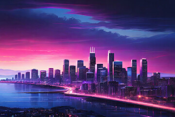 Fototapeta premium City lights aglow. Twilight urban cityscape with illuminated buildings, set against a stunning gradient sky from indigo to magenta. A mesmerizing skyline moment. 
