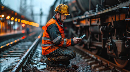 ngineer train is monitoring the construction process of tanker trains and inspecting train work on train stations with tablets. Engineers wear safety suits and helmets to work.