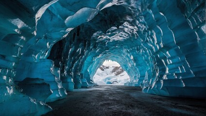 A deep, blue ice cave within a glacier, illuminated by the light from the entrance Generative AI