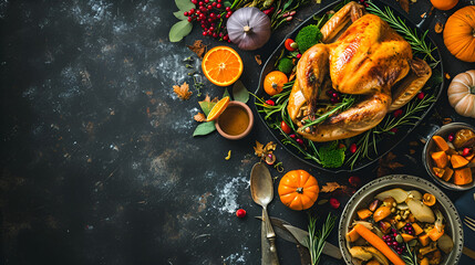turkey and holiday dinner with copy space for thanksgiving day on black background with space for text