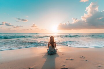 Woman sitting on beach watching the sunrise.